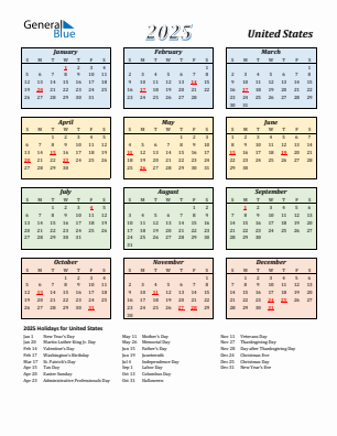 United States current year calendar 2025 with holidays