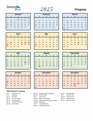 Uruguay current year calendar 2025 with holidays