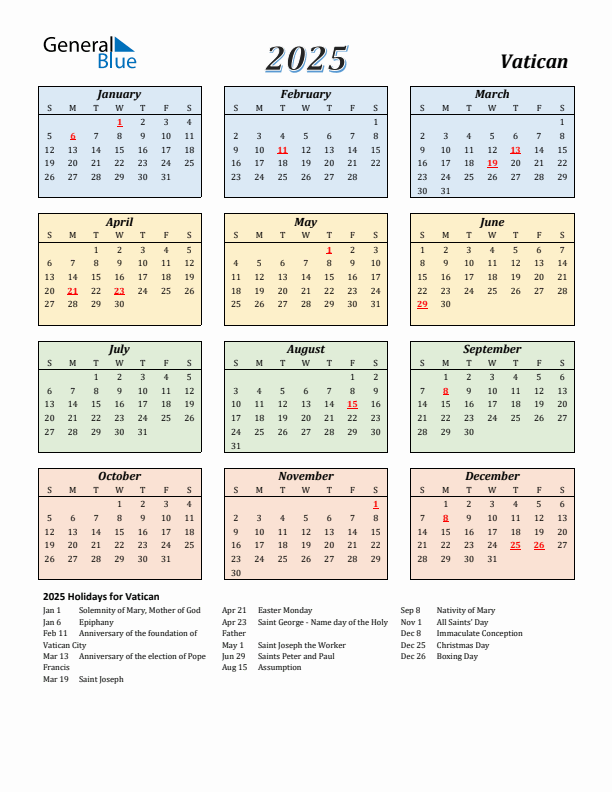 Vatican Calendar 2025 with Sunday Start