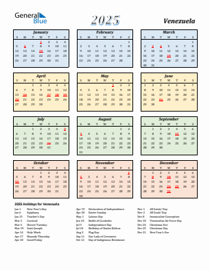 Venezuela current year calendar 2025 with holidays