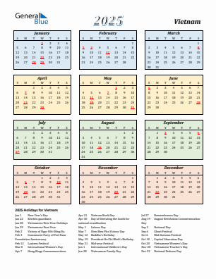 Vietnam current year calendar 2025 with holidays