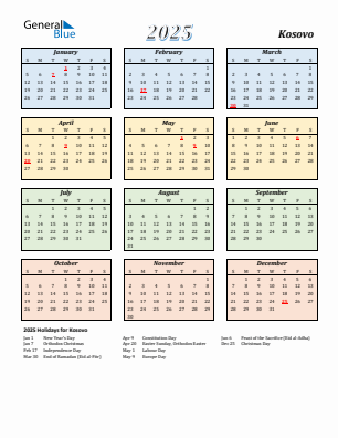 Kosovo current year calendar 2025 with holidays