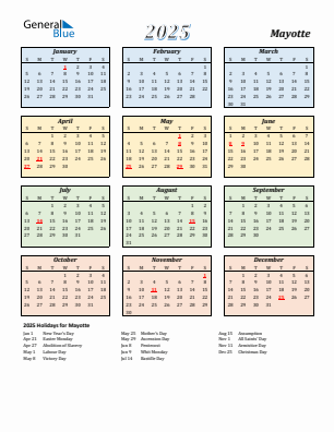 Mayotte current year calendar 2025 with holidays