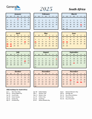 South Africa current year calendar 2025 with holidays