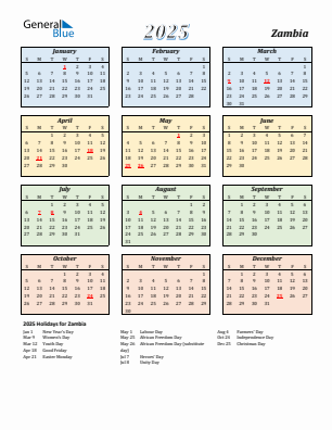 Zambia current year calendar 2025 with holidays