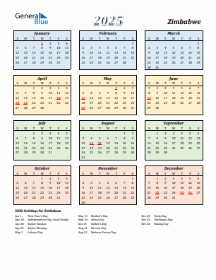 Zimbabwe current year calendar 2025 with holidays