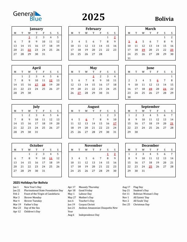 2025 Bolivia Holiday Calendar - Monday Start