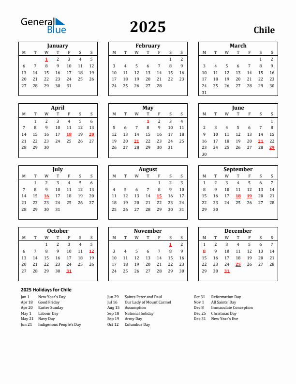 2025 Chile Holiday Calendar - Monday Start