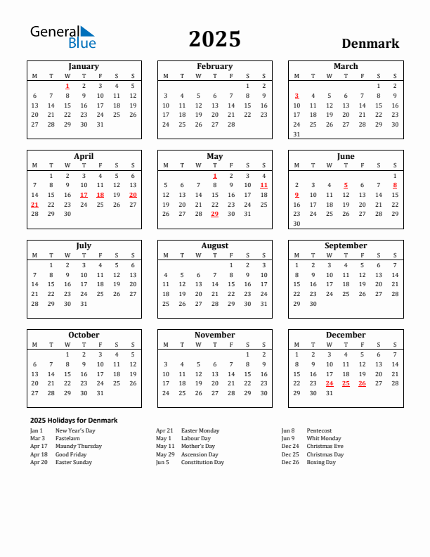 2025 Denmark Holiday Calendar - Monday Start