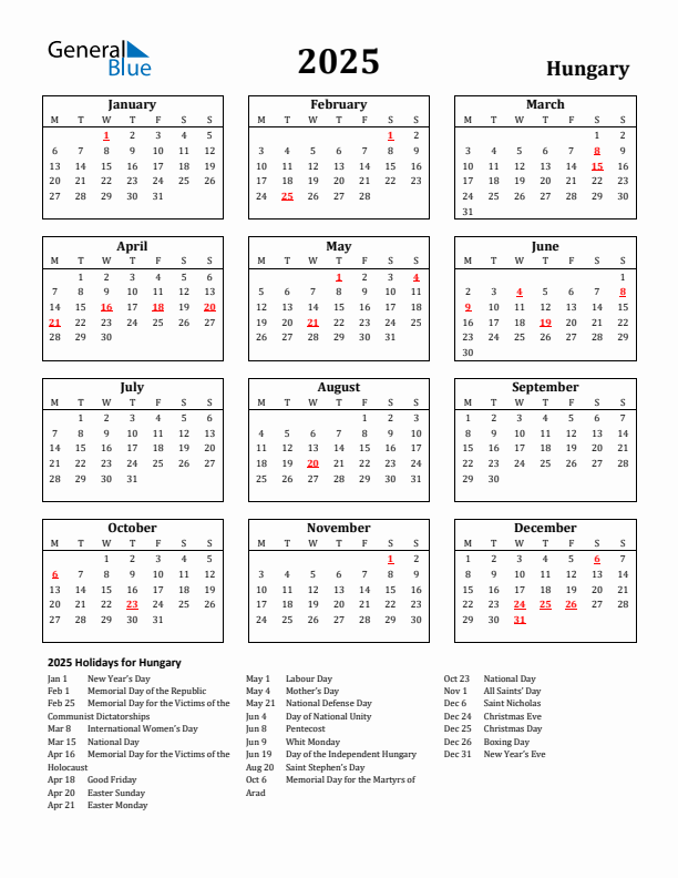 2025 Hungary Holiday Calendar - Monday Start