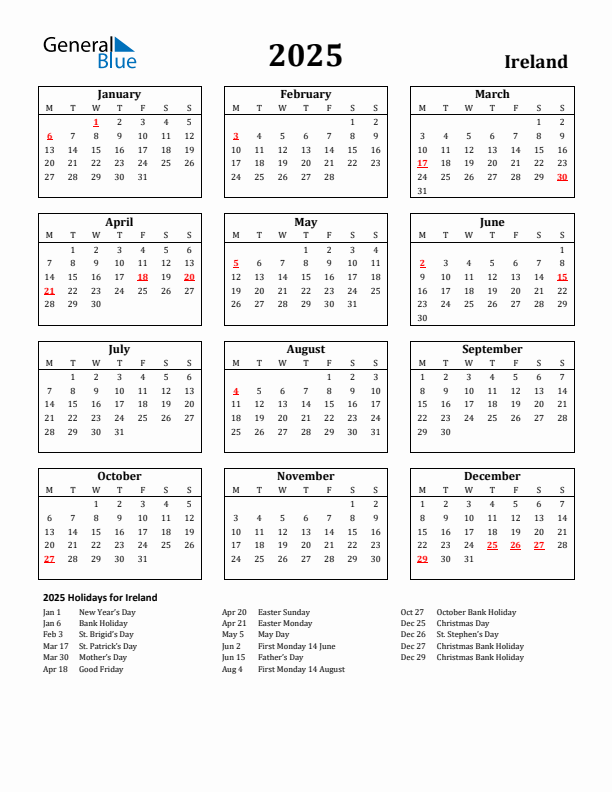 2025 Ireland Holiday Calendar - Monday Start