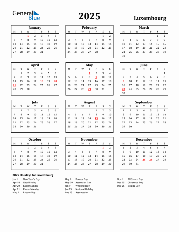 2025 Luxembourg Holiday Calendar - Monday Start