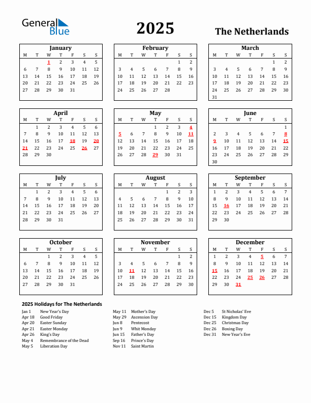 2025 The Netherlands Holiday Calendar - Monday Start