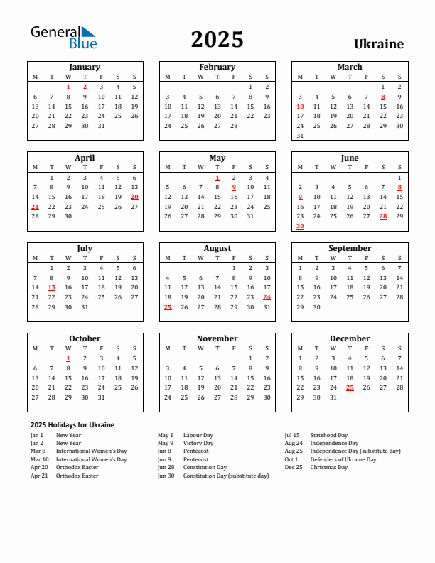 2025 Ukraine Holiday Calendar - Monday Start