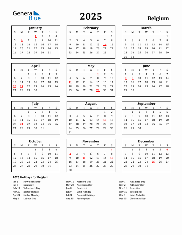 2025 Belgium Holiday Calendar - Sunday Start