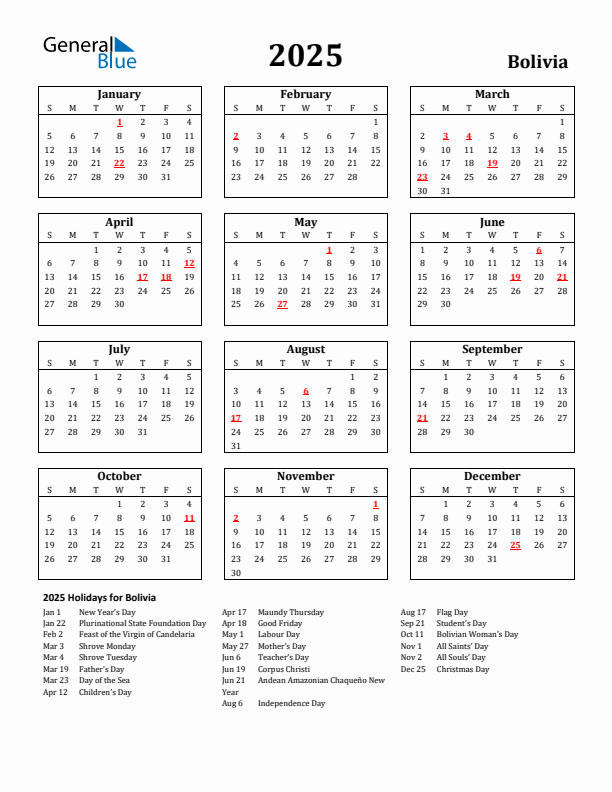 2025 Bolivia Holiday Calendar - Sunday Start