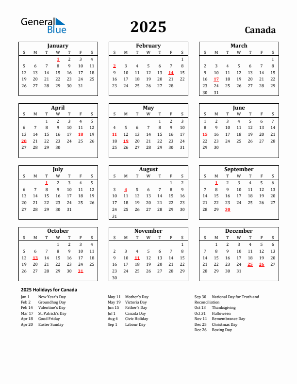 2025 Canada Holiday Calendar - Sunday Start