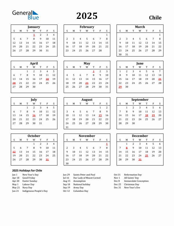 2025 Chile Holiday Calendar - Sunday Start