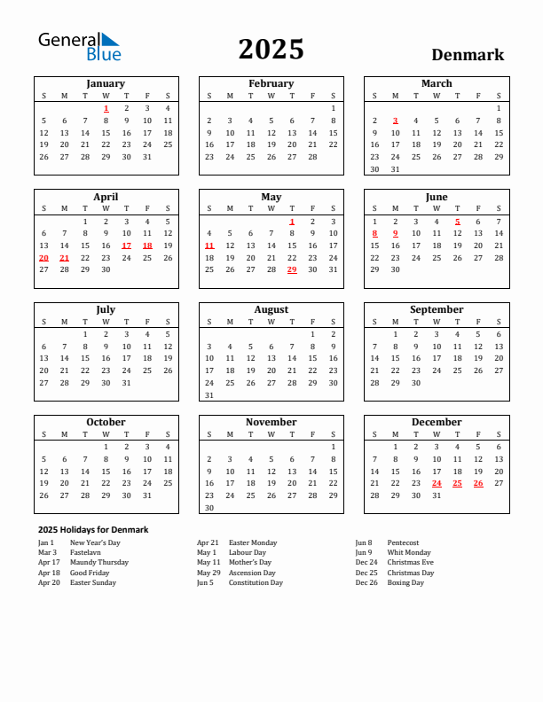 2025 Denmark Holiday Calendar - Sunday Start