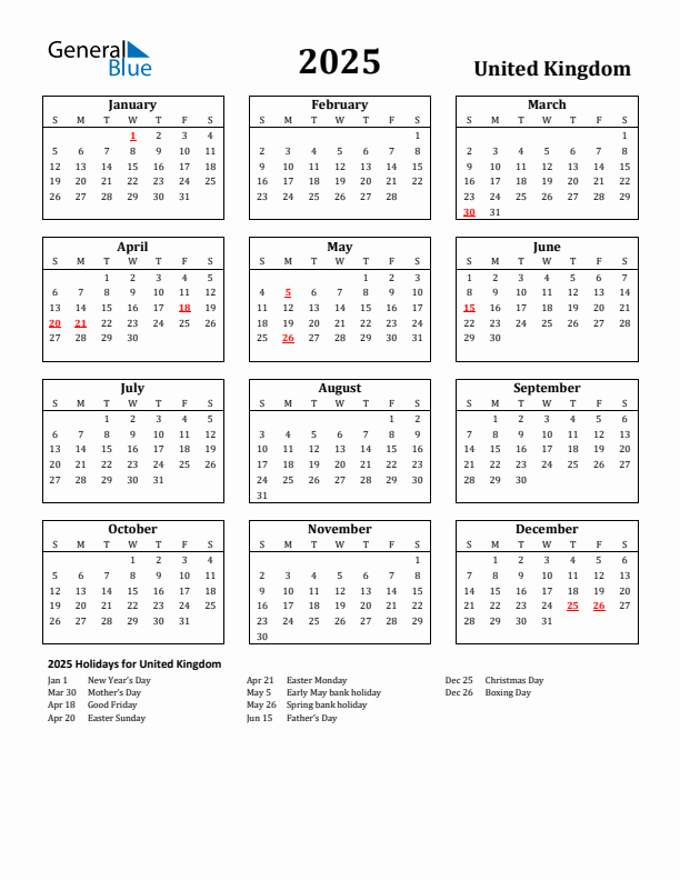 2025 United Kingdom Holiday Calendar - Sunday Start