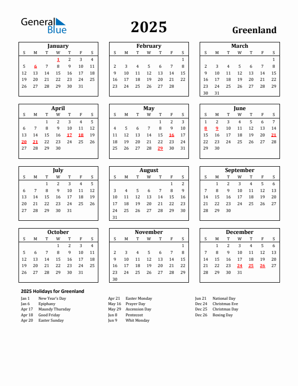 2025 Greenland Holiday Calendar - Sunday Start