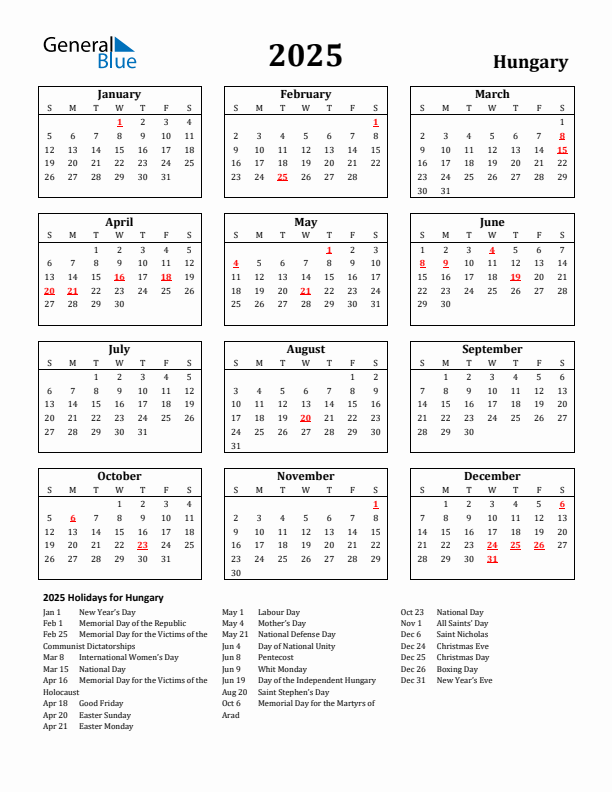 2025 Hungary Holiday Calendar - Sunday Start