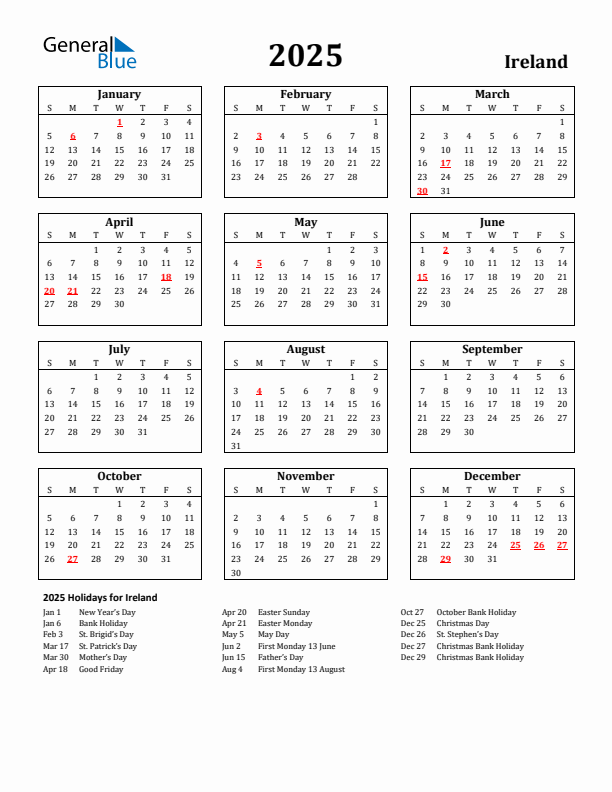 2025 Ireland Holiday Calendar - Sunday Start