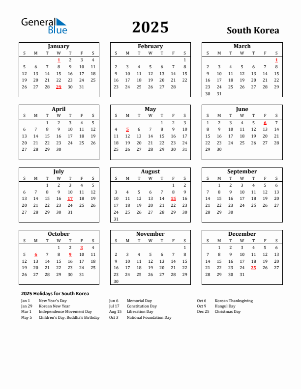 2025 South Korea Calendar with Holidays