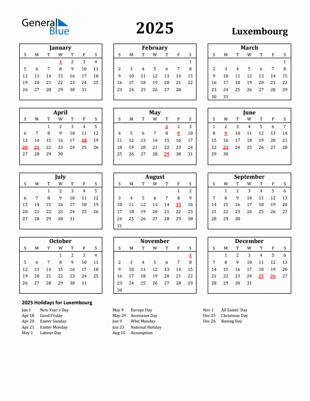 2025 Luxembourg Holiday Calendar - Sunday Start