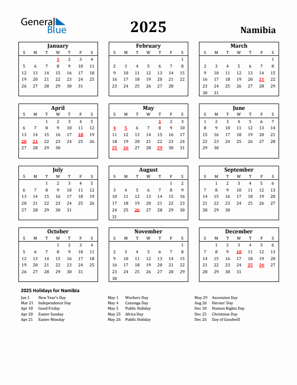 2025 Namibia Holiday Calendar - Sunday Start