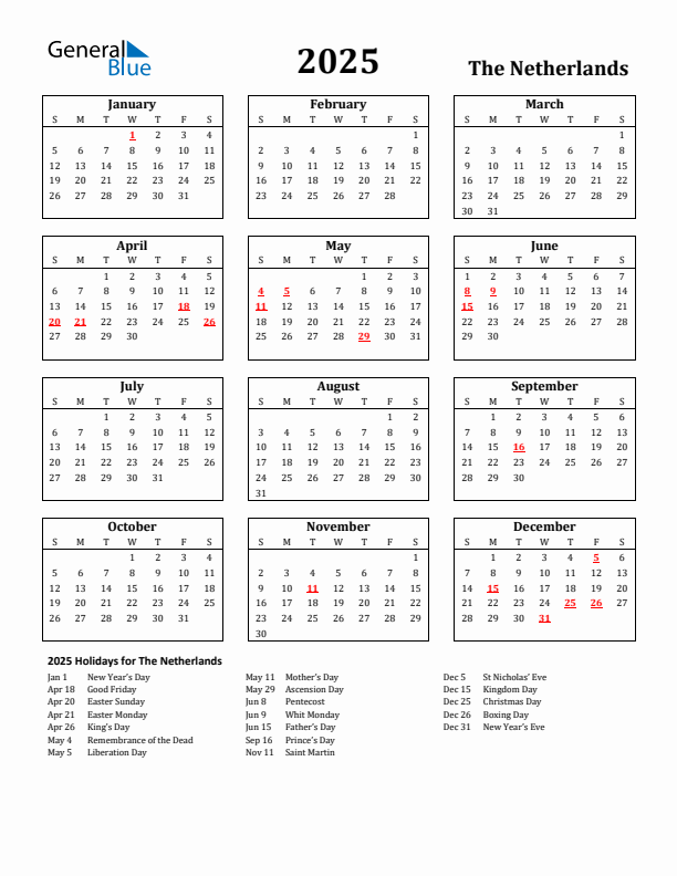 2025 The Netherlands Holiday Calendar - Sunday Start