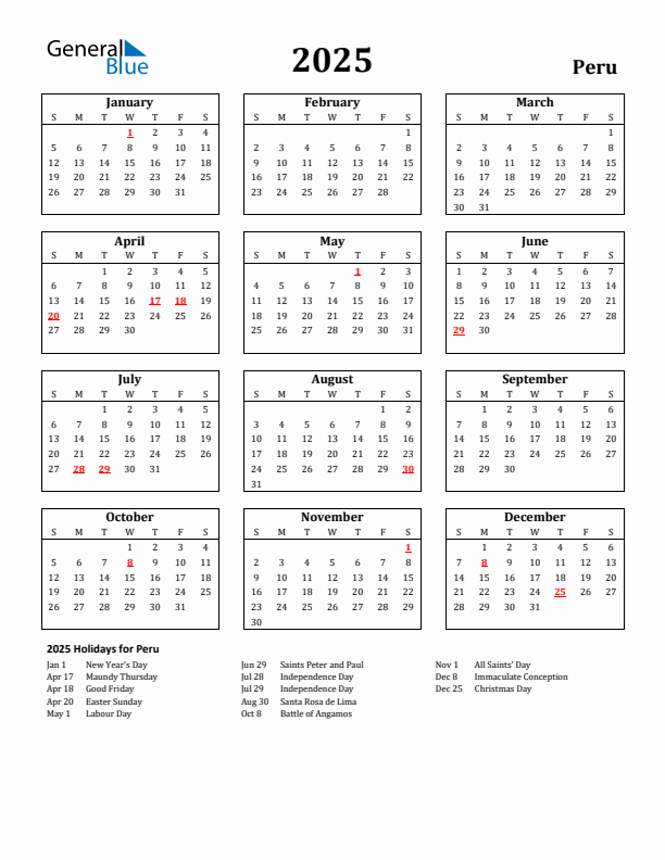 2025 Peru Holiday Calendar - Sunday Start