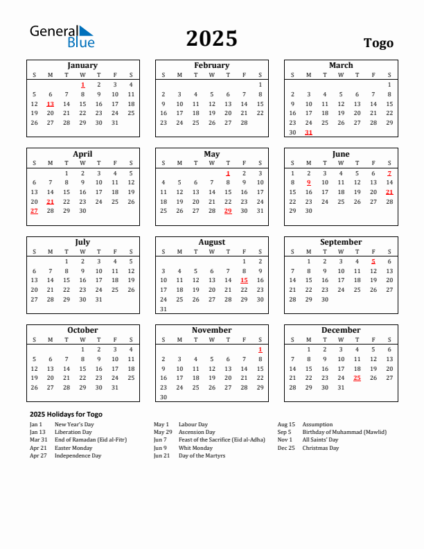 2025 Togo Holiday Calendar - Sunday Start