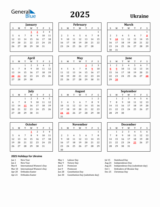 2025 Ukraine Holiday Calendar - Sunday Start