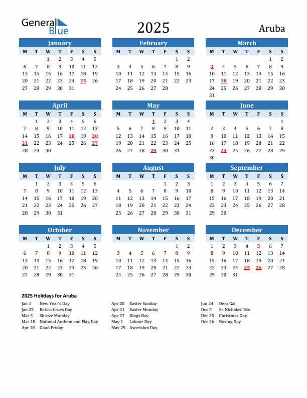 Printable Calendar 2025 with Aruba Holidays (Monday Start)