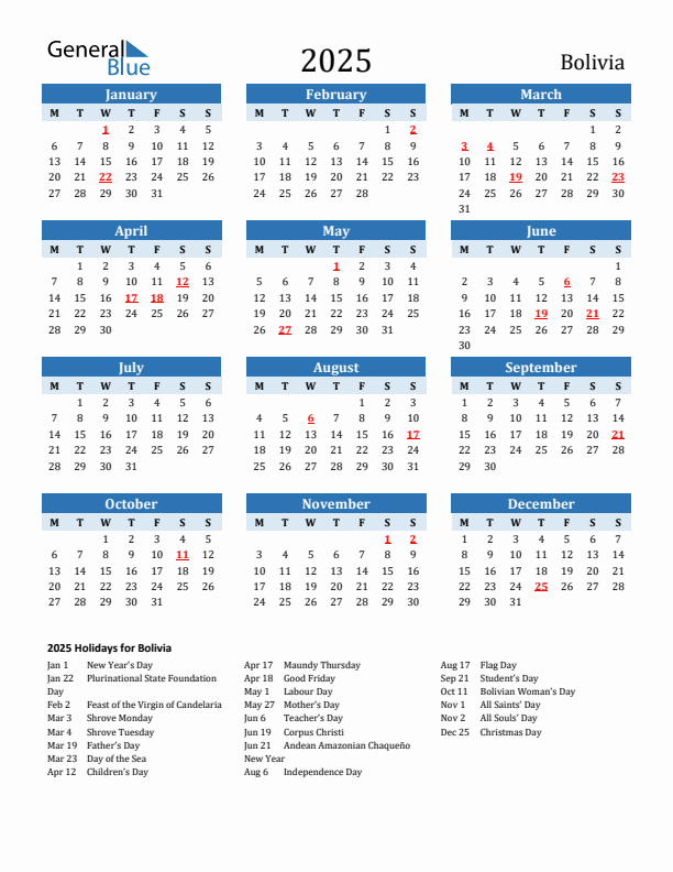 Printable Calendar 2025 with Bolivia Holidays (Monday Start)