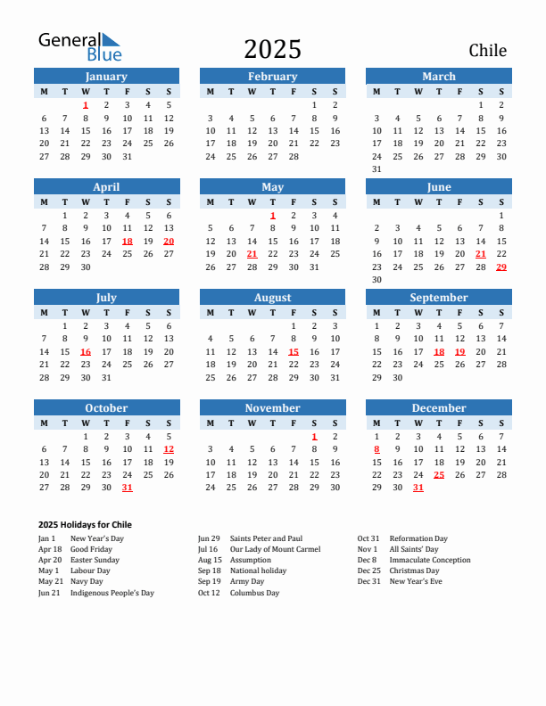 Printable Calendar 2025 with Chile Holidays (Monday Start)