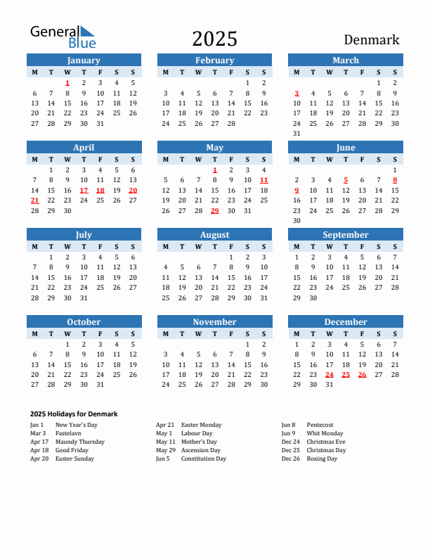 Printable Calendar 2025 with Denmark Holidays (Monday Start)