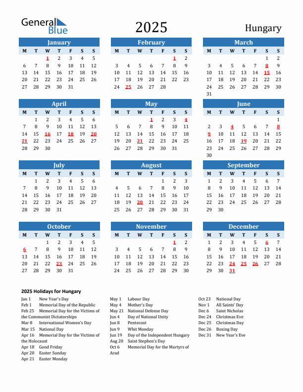 Printable Calendar 2025 with Hungary Holidays (Monday Start)