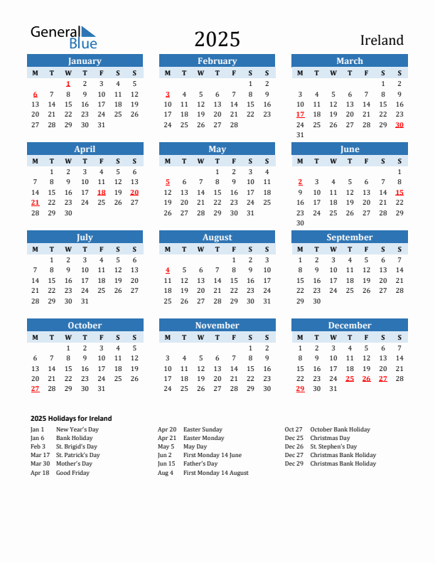 Printable Calendar 2025 with Ireland Holidays (Monday Start)