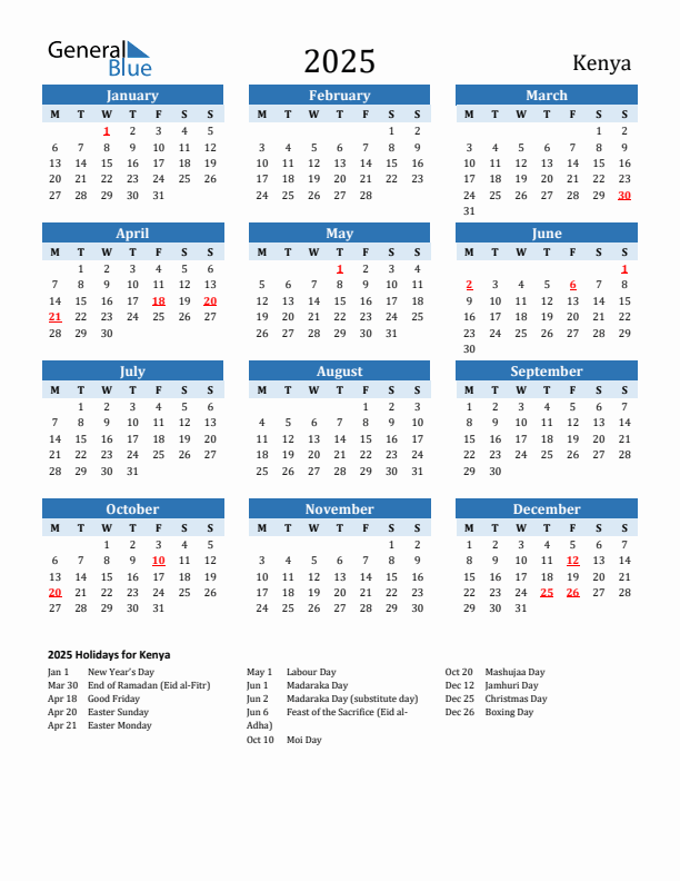 Printable Calendar 2025 with Kenya Holidays (Monday Start)