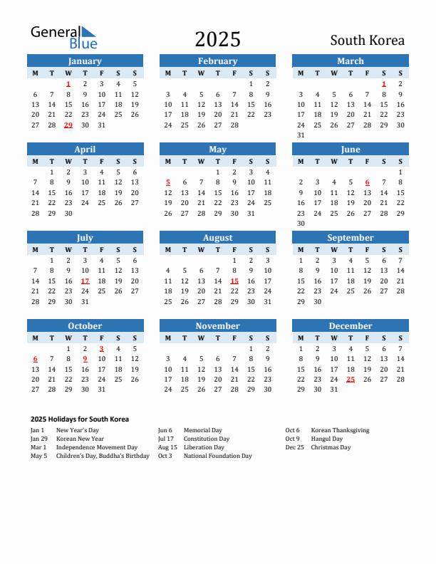 Printable Calendar 2025 with South Korea Holidays (Monday Start)