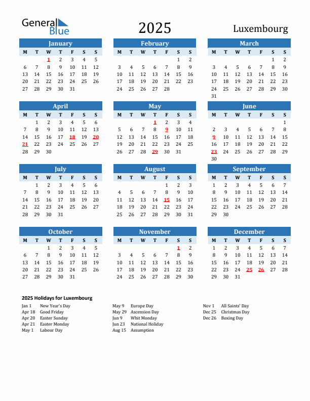 Printable Calendar 2025 with Luxembourg Holidays (Monday Start)