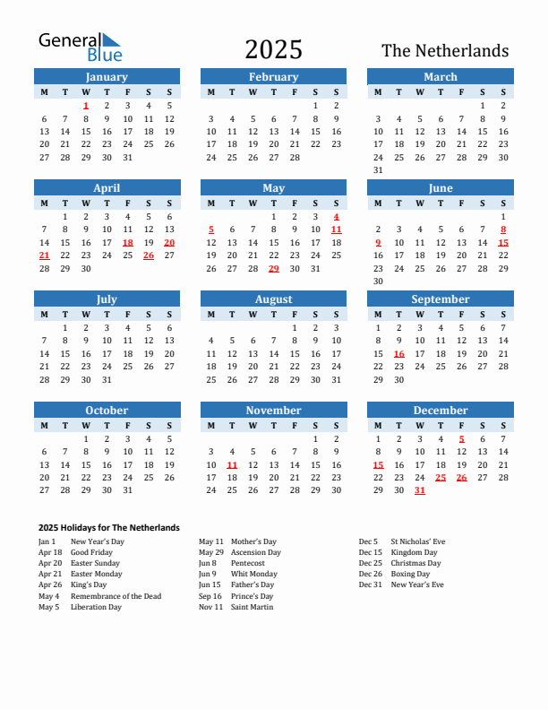 Printable Calendar 2025 with The Netherlands Holidays (Monday Start)