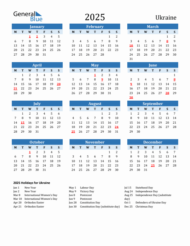 Printable Calendar 2025 with Ukraine Holidays (Monday Start)