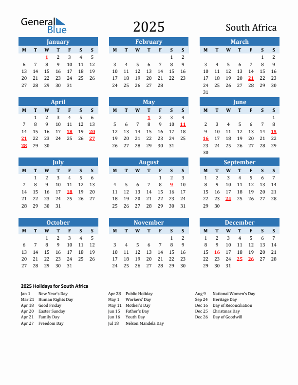 Printable Calendar 2025 with South Africa Holidays (Monday Start)