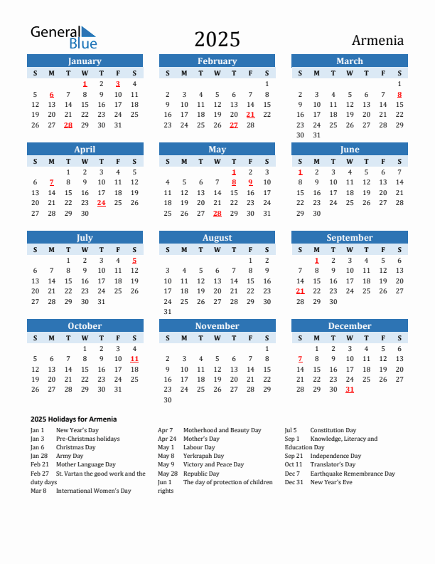 Printable Calendar 2025 with Armenia Holidays (Sunday Start)