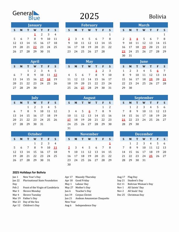 Printable Calendar 2025 with Bolivia Holidays (Sunday Start)