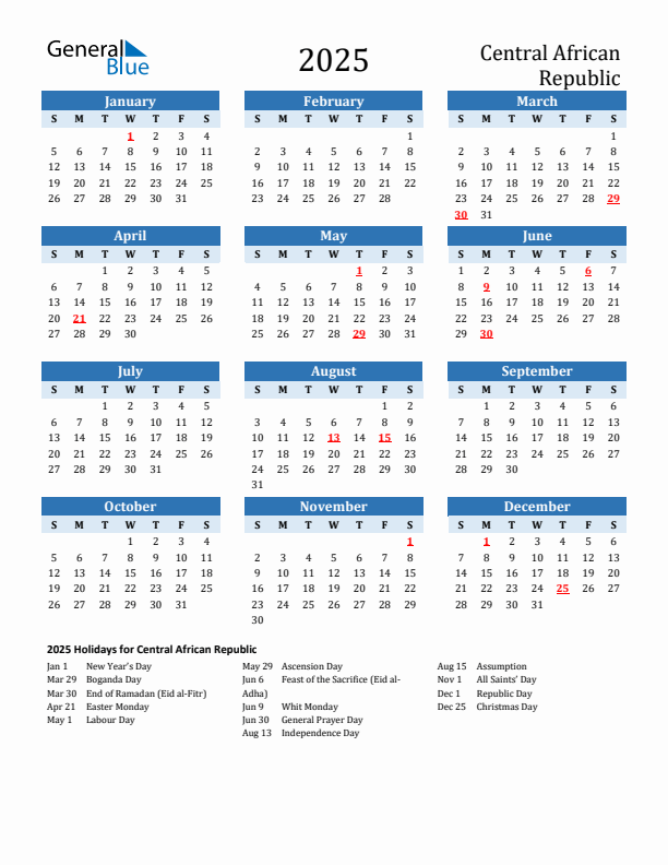 Printable Calendar 2025 with Central African Republic Holidays (Sunday Start)