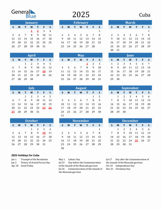 Printable Calendar 2025 with Cuba Holidays (Sunday Start)